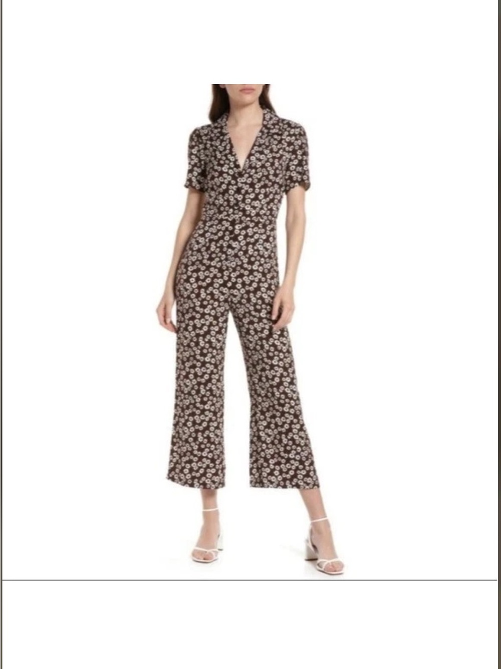 Reformation Bev Jumpsuit Brown White Floral Short Sleeves Size 2